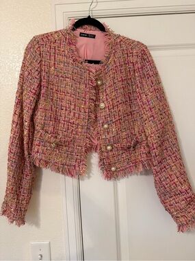 SHEIN Pink Multi-Color Tweed Cropped Fringe Jacket